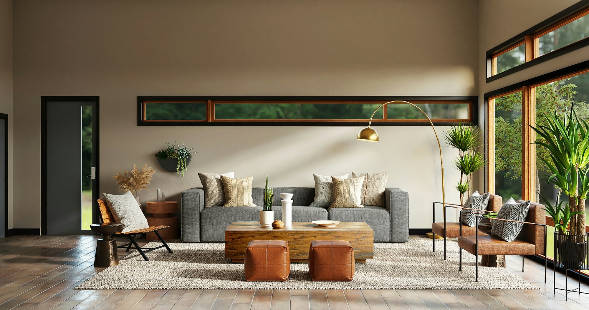Sculptural lounge interior in warm low light